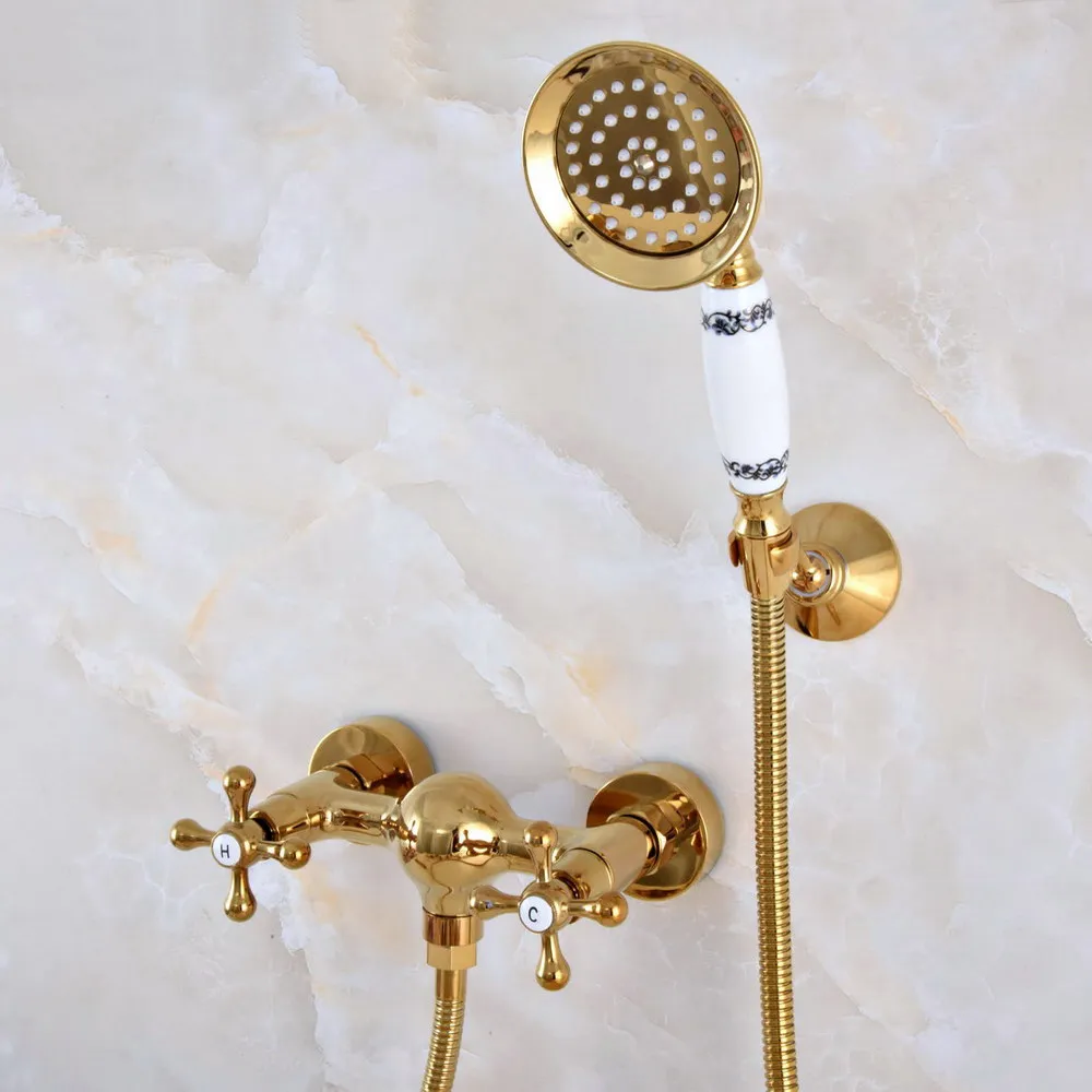 

Modern Polished Gold Color Brass Wall Mount Bathtub Faucet with Handheld Shower Set +1.5M Hose Mixer Tap 2na967