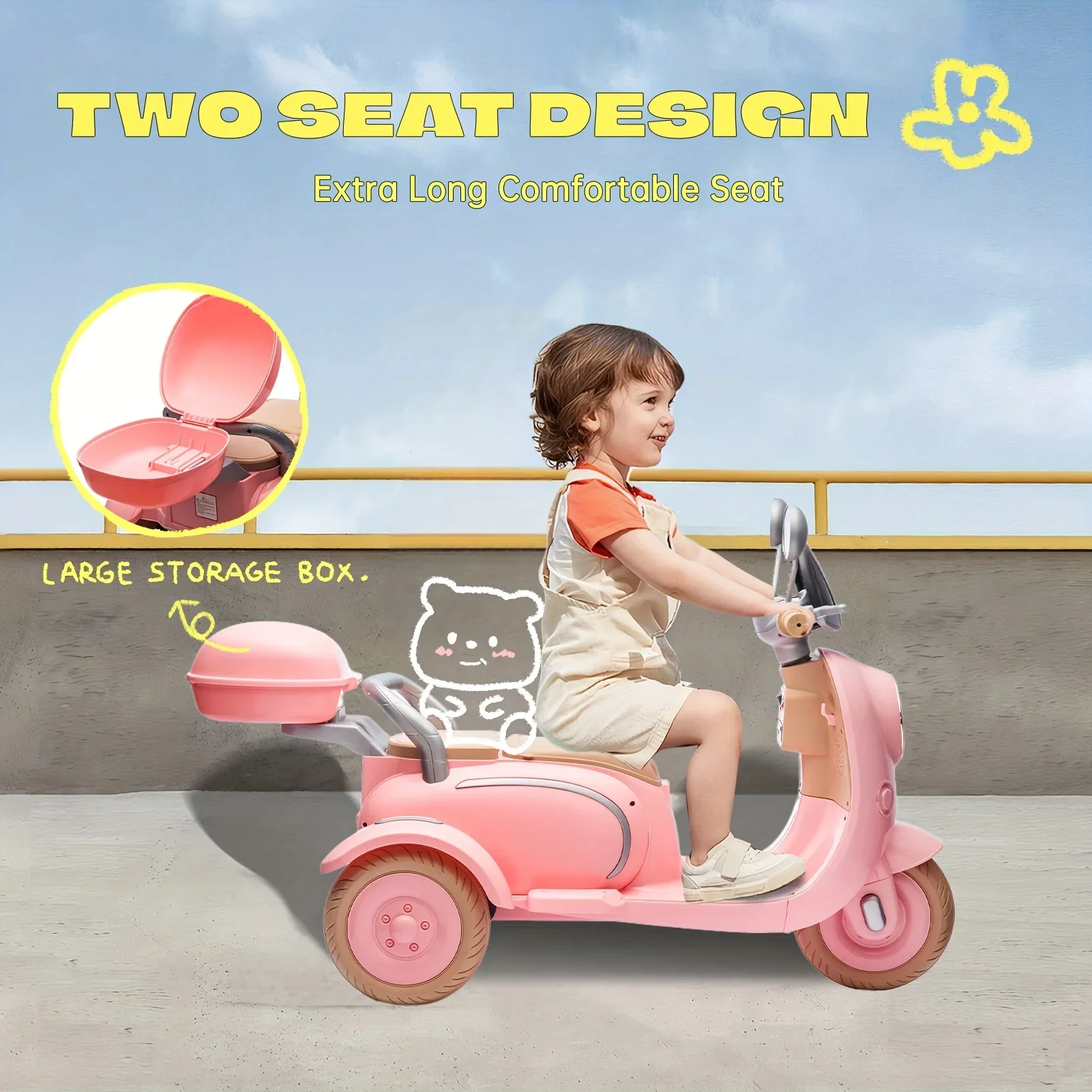 12V Two-seater Kids Ride On Electric Motorcycle, Three Wheels Kids Toy With Slow Start, Multi-function Player, USB, Light