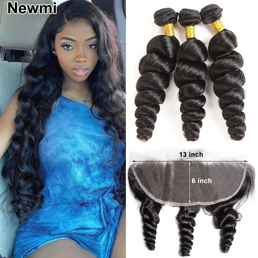 

Loose Wave Human Hair Bundles with 13x6 Lace Frontal Closure Newmi Ear to Ear Transparent Lace Frontal and Loose Curly Bundles