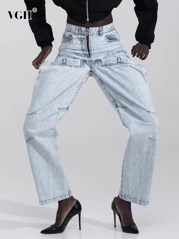 VGH Irregular Hollow Out Spliced Button Jeans For Women High Waist Patchwork Zipper Streetwear Denim Long Trousers Female Style