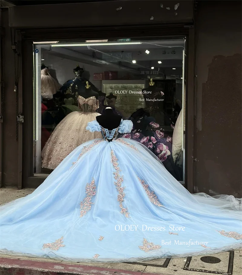 OLOEY-vestidos de quinceañera azul para bebé, vestido de lujo con hombros descubiertos, Mangas de flores 3D, vestido de fiesta, Princesa de lujo 16, cumpleaños para niñas dulces