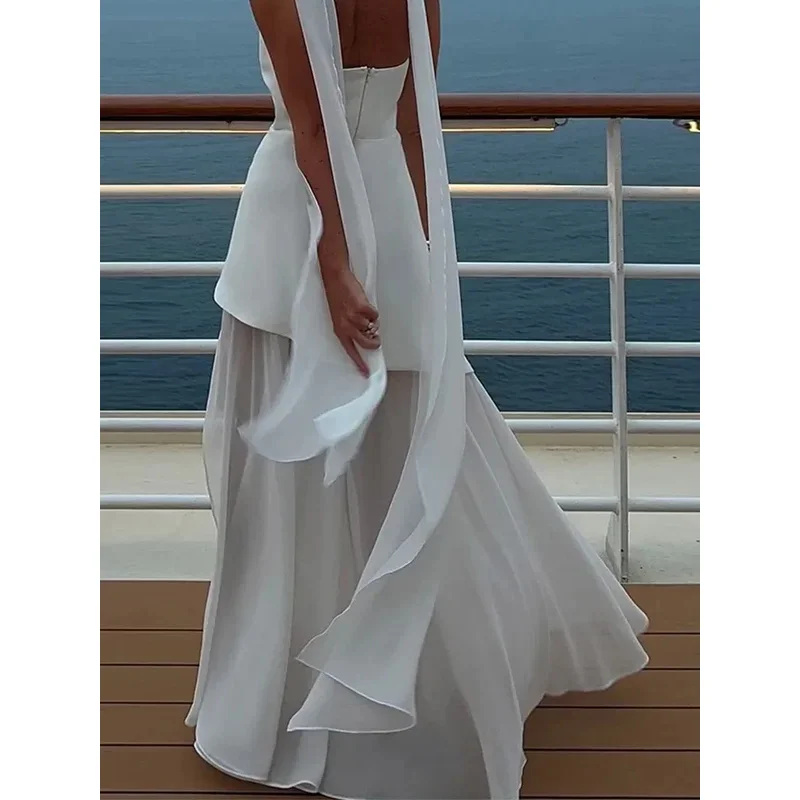 JINIA Strapless Ribbon Maxi Dress |   Mesh Patchwork Backless Elegant Beach Vacation Robe 2025