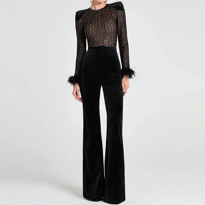 Women Patchwork Velvet Slim Party Rompers 2026 Sleeve Feather Combination Luxury Lattice High Waist Wide Leg Long Jumpsuit