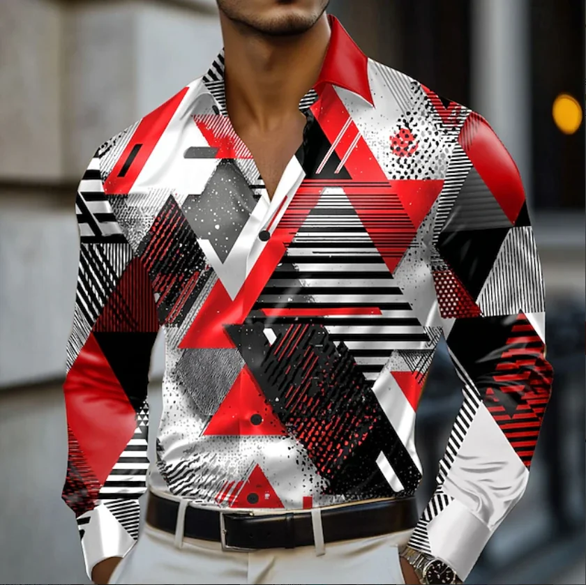 Men's Shirt Collar Shirt Men's 3D Printing Irregular Geometric Printing Casual Long Sleeve Fashion Printed Shirt Male Top