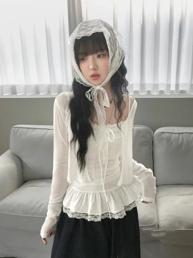 

Солнцезащитный комплект из двух предметов Y2k Эстетический однотонный укороченный кардиган + кружевной лоскутный милый бандажный жилет Harajuku Fairy Outfit