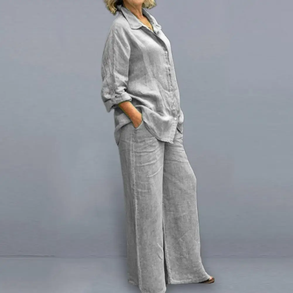 Casual Cotton Linen Two Pieces Set Women Autumn Long Sleeve Shirt Trousers Set Fashion Solid Straight Pants Suits Women Outfits