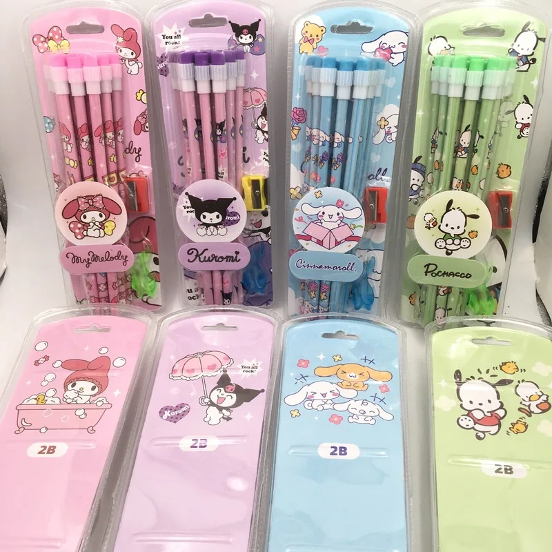 Sanrio Lápis De Madeira com Borracha, My Melody Lápis, Lápis Kuromi Cinnamoroll, Papelaria Infantil, Material Escolar, Atacado, Kawaii, 24 Pcs, 48Pcs