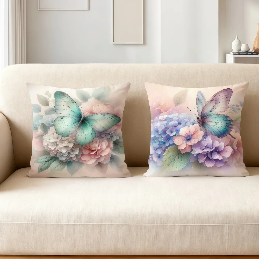 Butterfly Hydrangea cushion cover Square Office Bedroom Headboard Sofa Living Room Backrest Cushions Sleeping