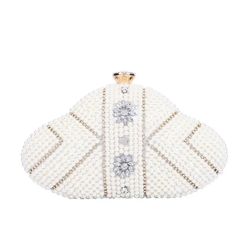 new Style Double-sided Handmade Bead Embroidery Fan-shaped Pearl Rice Beads With Rhinestones Handbag Ladies Formal Dinner Bag