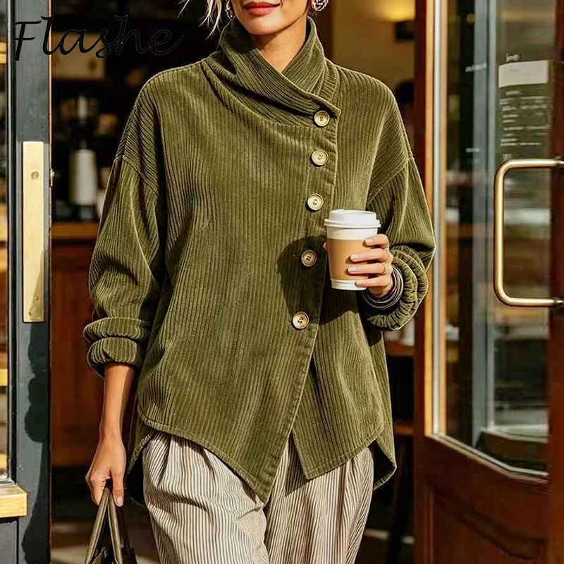 Autumn Winter Corduroy Jacket For Women Wrap Cowl Neck Long Sleeve Loose Coat Irregular Button Jackets For Women Sweatshirts