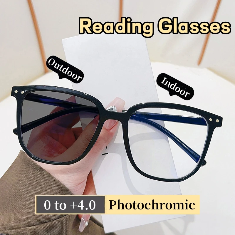 

Vintage Square Photochromic Reading Glasses Outdoor UV Shades Sunglasses for Male Unisex Women Color Changing Presbyopia Eyewear