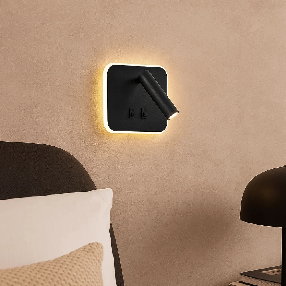 Luz LED de pared con interruptor doble, luz giratoria cuadrada de 350 grados, iluminación de ambiente regulable montada en la pared, atmósfera de pared