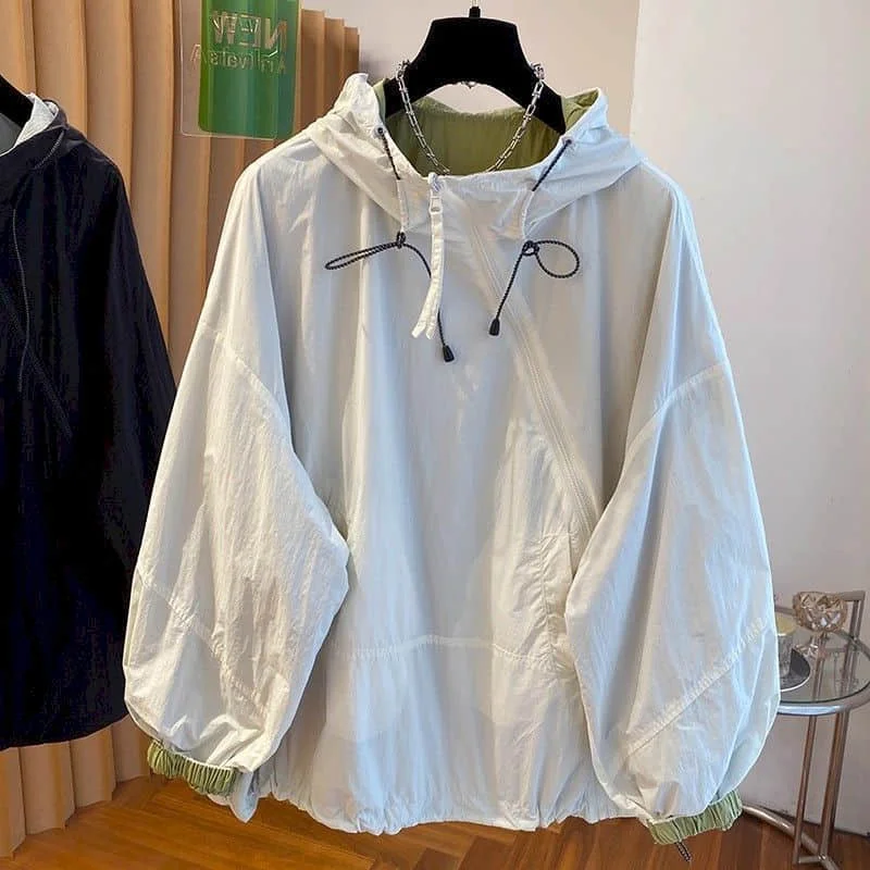 Parachute Jackets Korean Style Casual Sunscreen Outerwears 2026 Autumn Loose Hooded Cardigan Long Sleeve Sporty Coats Women Tops