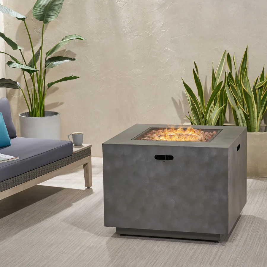 

Outdoor square iron fire pit with 50, 000 BTU output, black finish, rust-resistant coated steel, smokeless combustion design