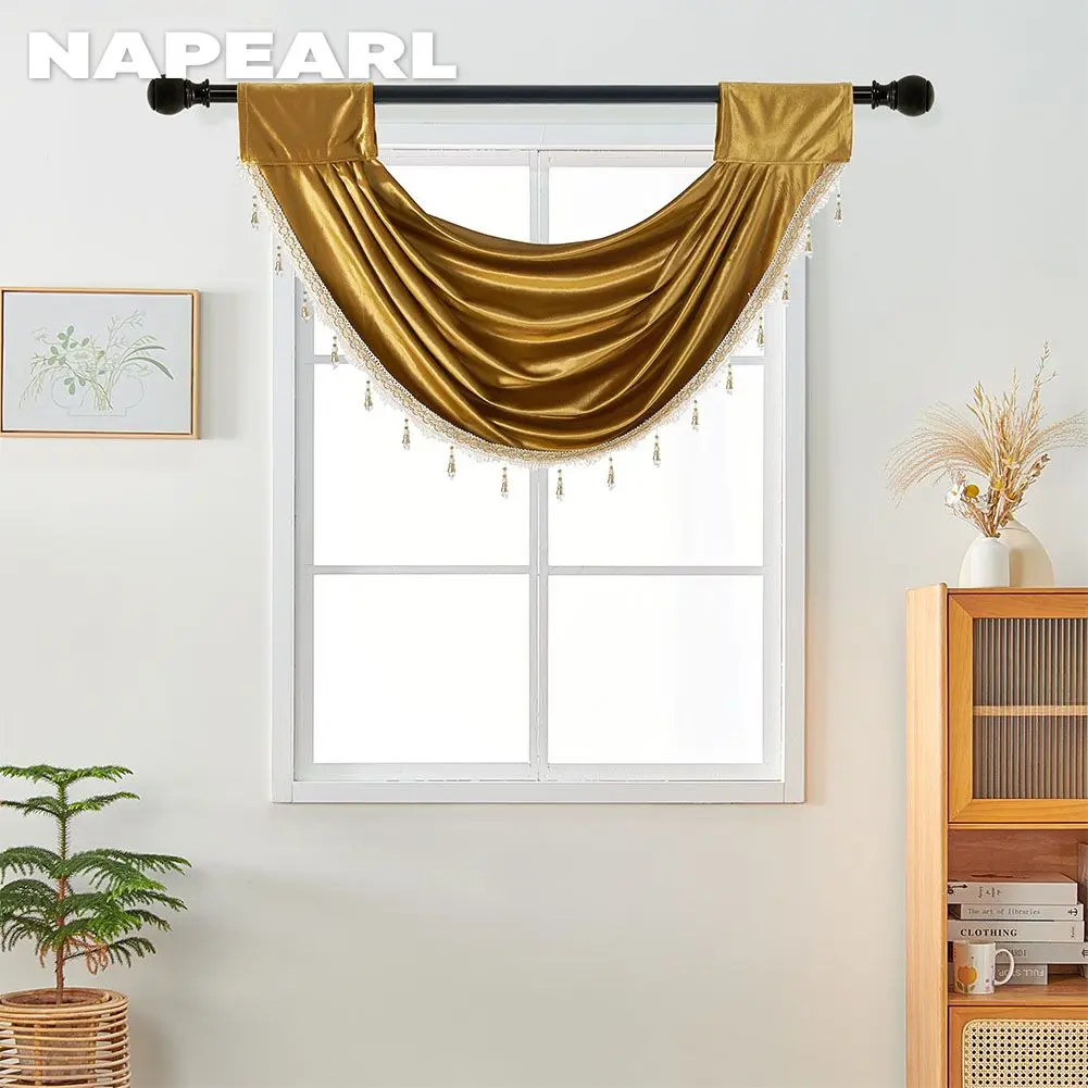 NAPEARL European Style Gold Curtain Valance with Tassel Short Curtain Rod Pocket Window Decor for Bay Window 1PC