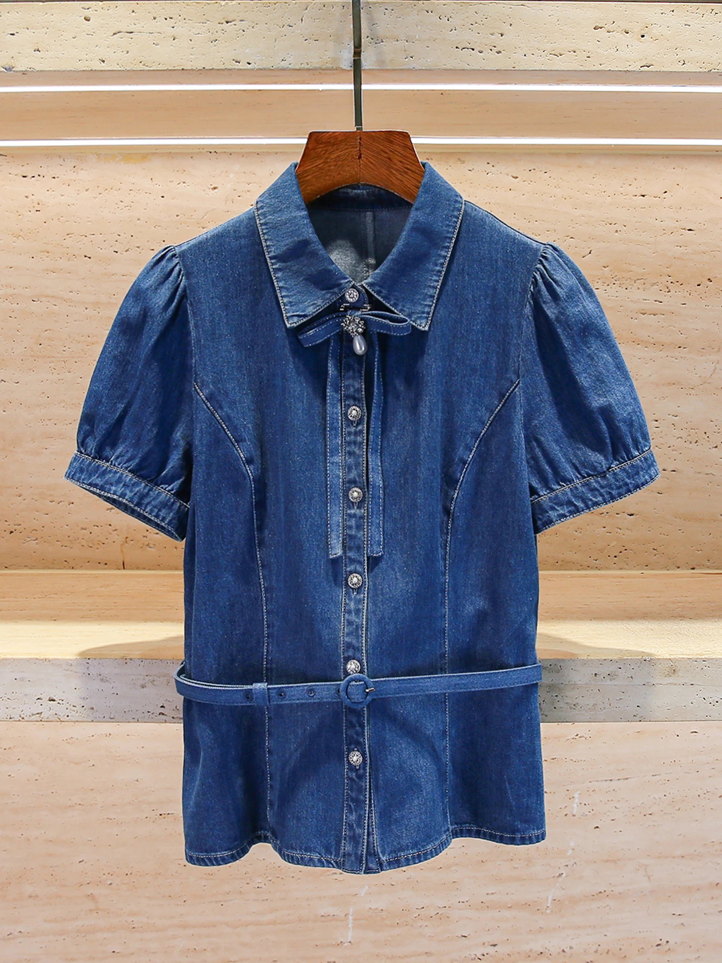 

Женский джинсовый топ с высокой талией irt Knot Bubble Sve с откидным воротником, однотонная повседневная одежда