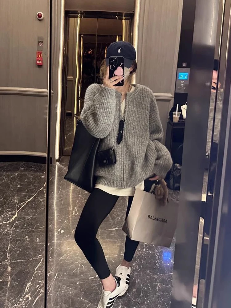 

Korean Loose Thick Knitted Grey Zipper Coat Women's New Autumn Winter Fluffy Sweater Open Cardigan Long Sleeve Regular Length