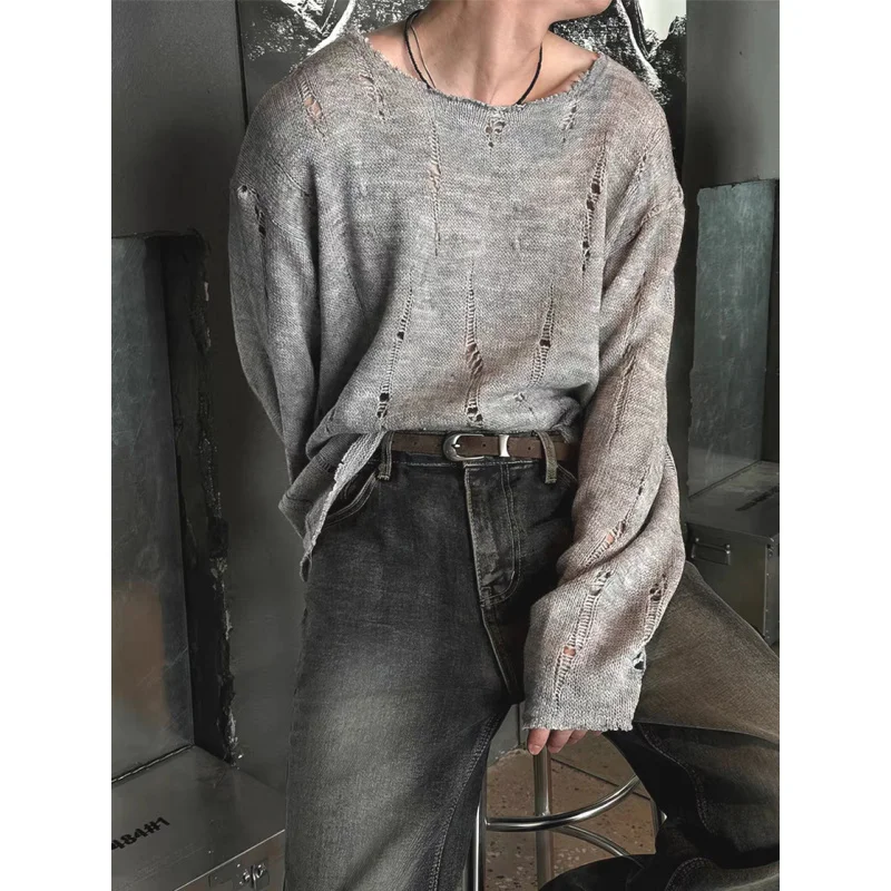 Spring and autumn men's long-sleeved knitted T-shirt with hollowed-out holes, loose, casual and breathable thin knitted sweater