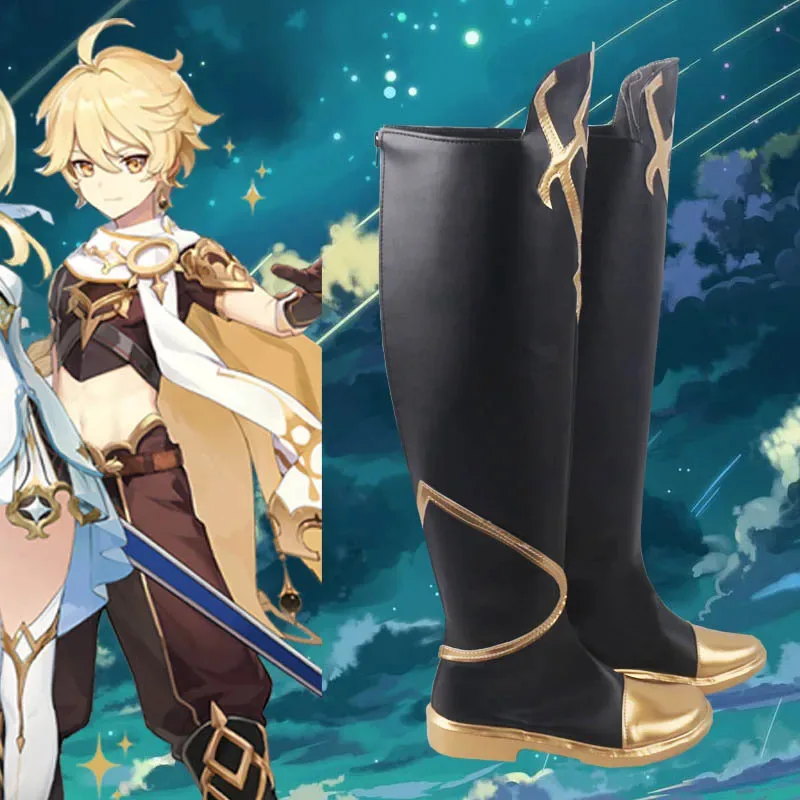 أحذية COS Aether Genshin Impact Anime Traveler الرائدة من الجلد الصناعي لعبة الأثير للذكور أحذية لعب الأدوار في الهالوين