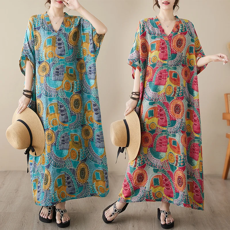 Extra grande tamanho verão dr feminino solto vintage impressão v-ne férias saia longa mistura de algodão ort sve a-line dr