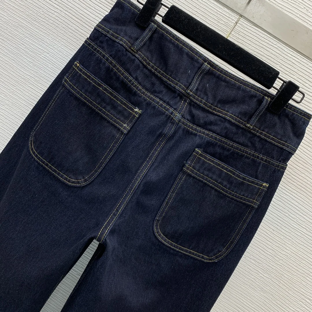 24 New Ladies Fashion All-In-One Double Pocket Two Button Mid-High Waist Straight Leg Jeans And Pants! Dark Blue