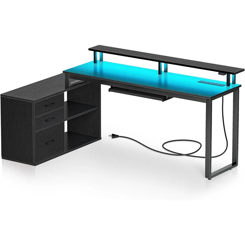 Computer Desk with Drawers and Power Outlet, Black Reversible L Shaped Desk with LED Strip & Keyboard Tray, 55 Inch Home