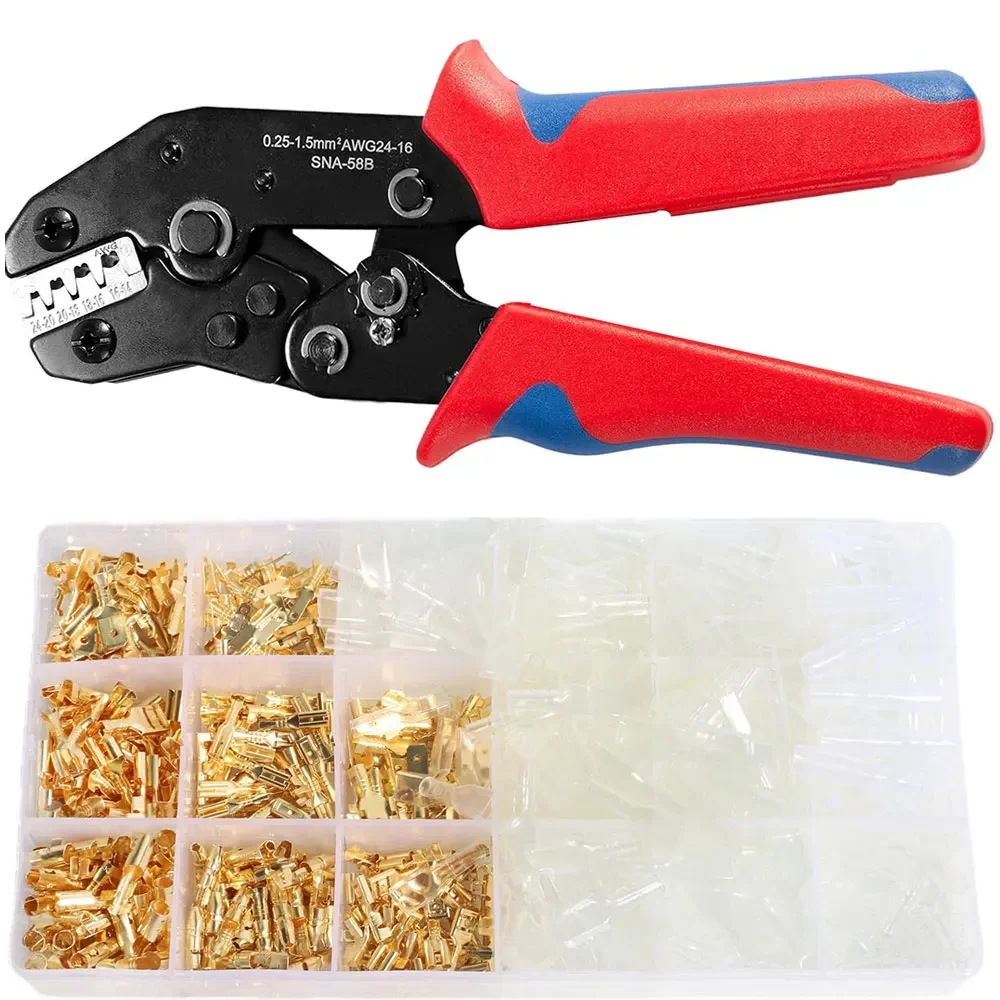 640 pcs Male and female shovel shaped connector wire terminal ratchet type wire crimping device kit AWG 24-16 (0.25-1.5mm ²)