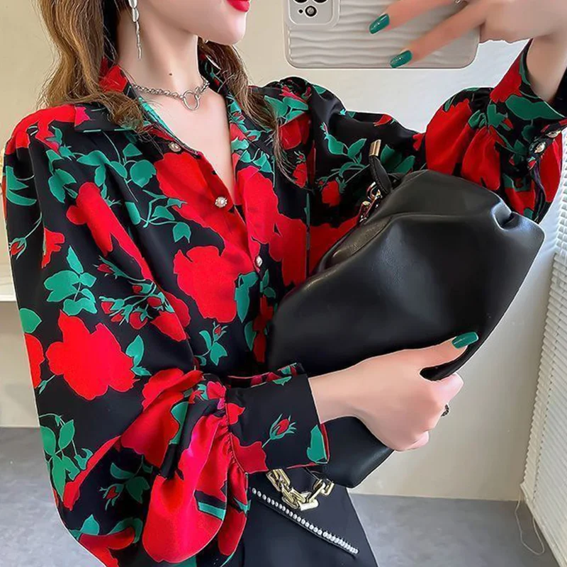 Spring Autumn Floral Printed Casual Fashion Shirt Female Lantern Long Sleeve Blouse Ladies Vintage Loose All-match Cardigan Top