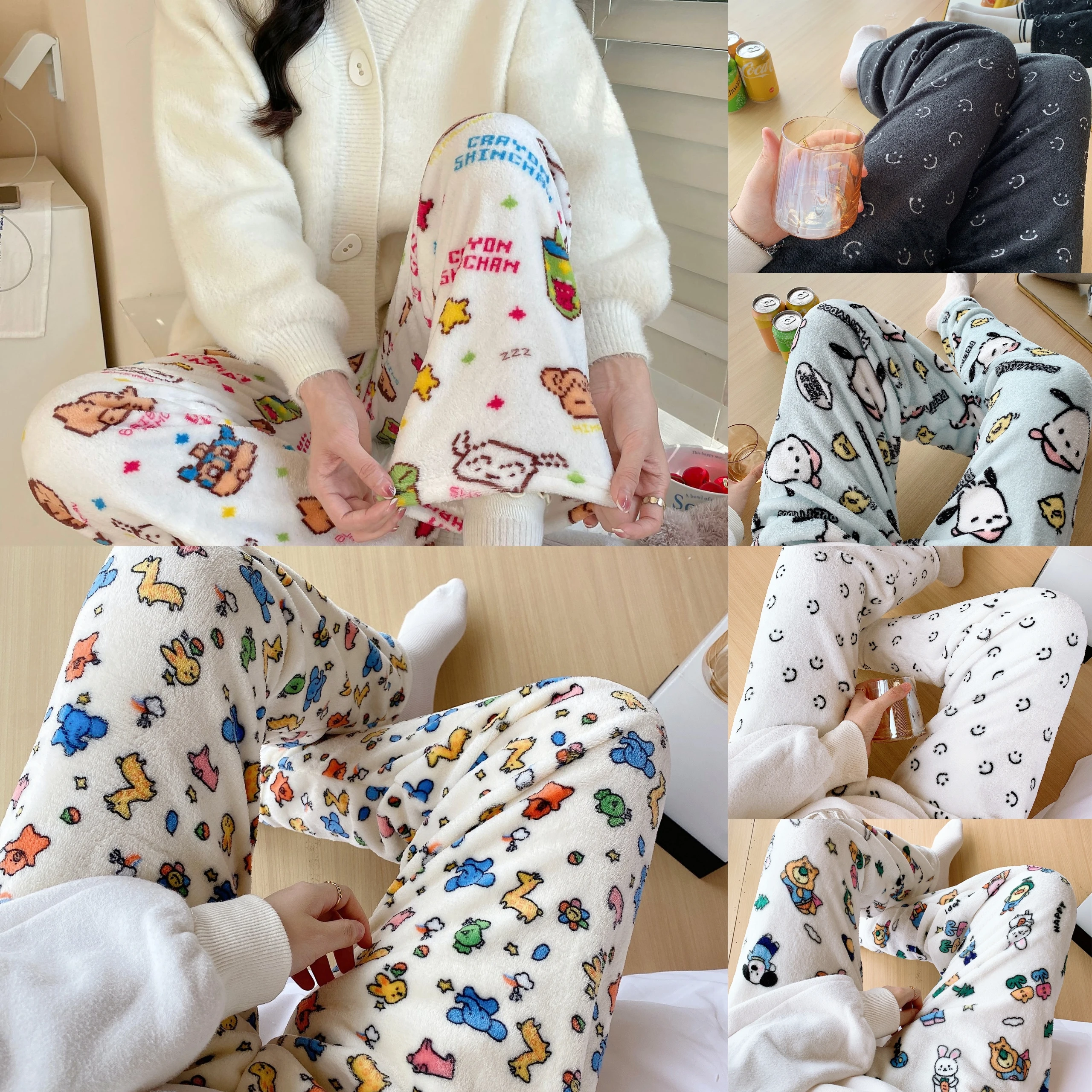 Autumn And Winter Ladies Girls Animal World Flannel Pajama Trousers Women Autumn And Winter New Coral Fleece Thickened Padded Wa