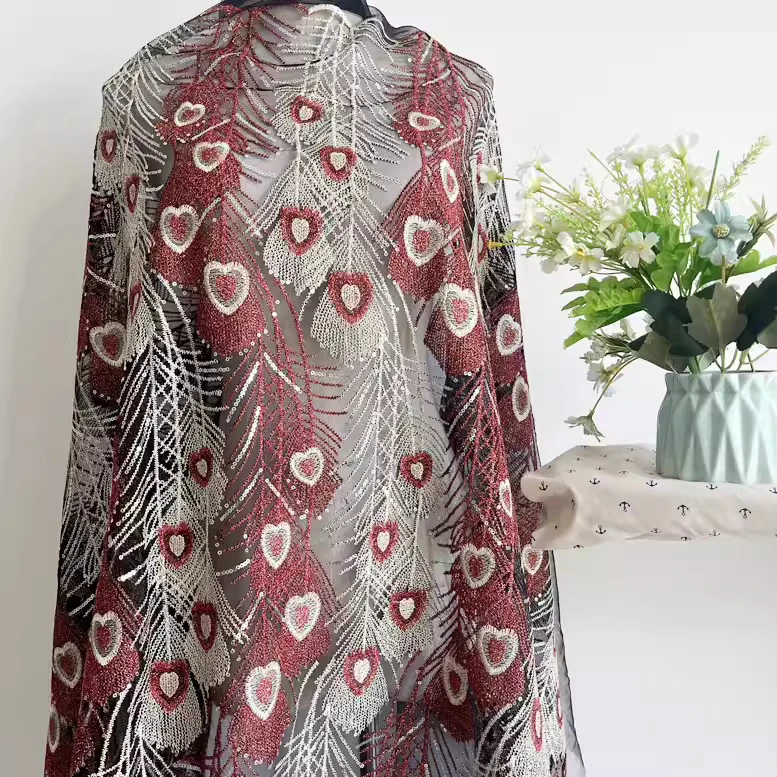 

High quality lace sewing Gold thread sequin peacock feather embroidery patchwork High end dress cheongsam fabric