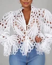 summer women sexy white lace V-neck hollow out T-shirt long sleeve shirt eyeliner embroidered button front bell sleeve shirt