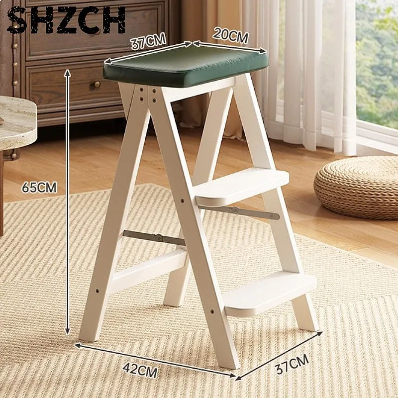Solid Wood Folding Step Stool 3 Step Household Ladder Wide Seat Easy Storage