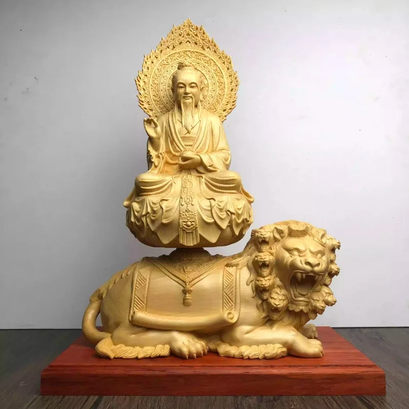 Chinese Cypress Wood Taishang Laojun Statue, Daoist Deity Riding Nine-Headed Lion, Hand-Carved Home Temple Decor