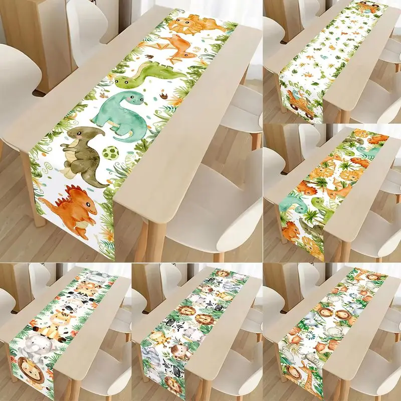 VIKAMA Kids Table Runner Dinosaur Wild Animal Jungle Leaf Print Table Decor For Birthday Baby Shower Party Dining Home Decor