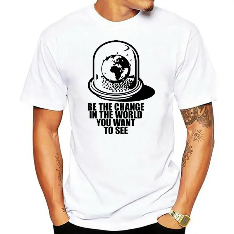 World Snow Globe T Shirt Men Grey T-shirt Cotton Letter Tshirts Change The World Ghandi Slogan Clothes Unique Man Tops