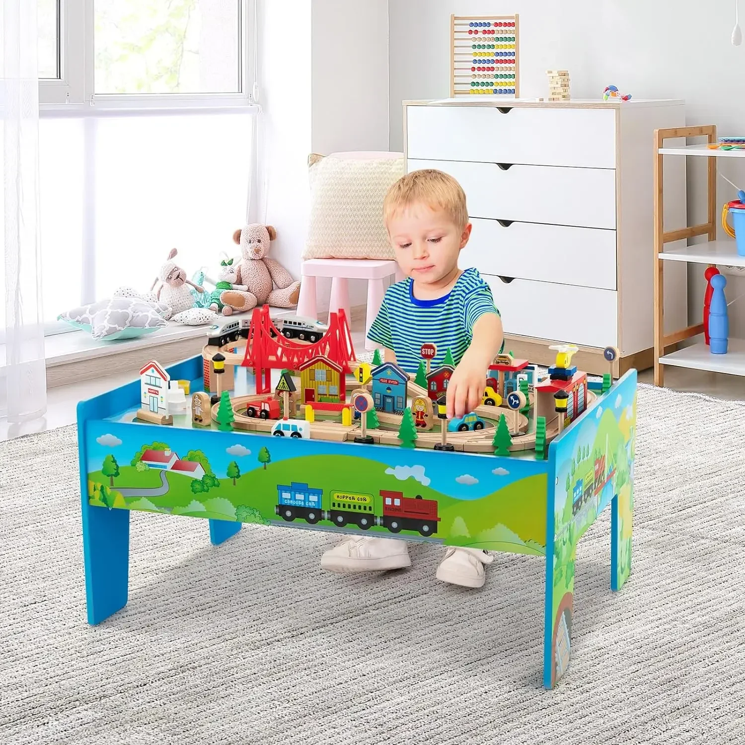 

For Table, 80 Pcs, Wooden Kids Activity Table Playset with Reversible & Detachable Tabletop,Solid Wood Tracks,Train,Railway