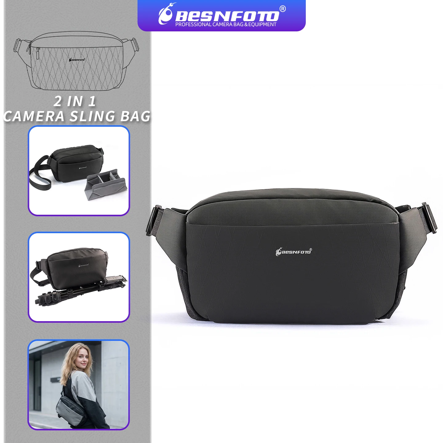 Besnfoto Camera Sling Bag Waterproof Crossbody Bag with Tripod Holder for DSLR Mirrorless Cameras Lenses and Accessories