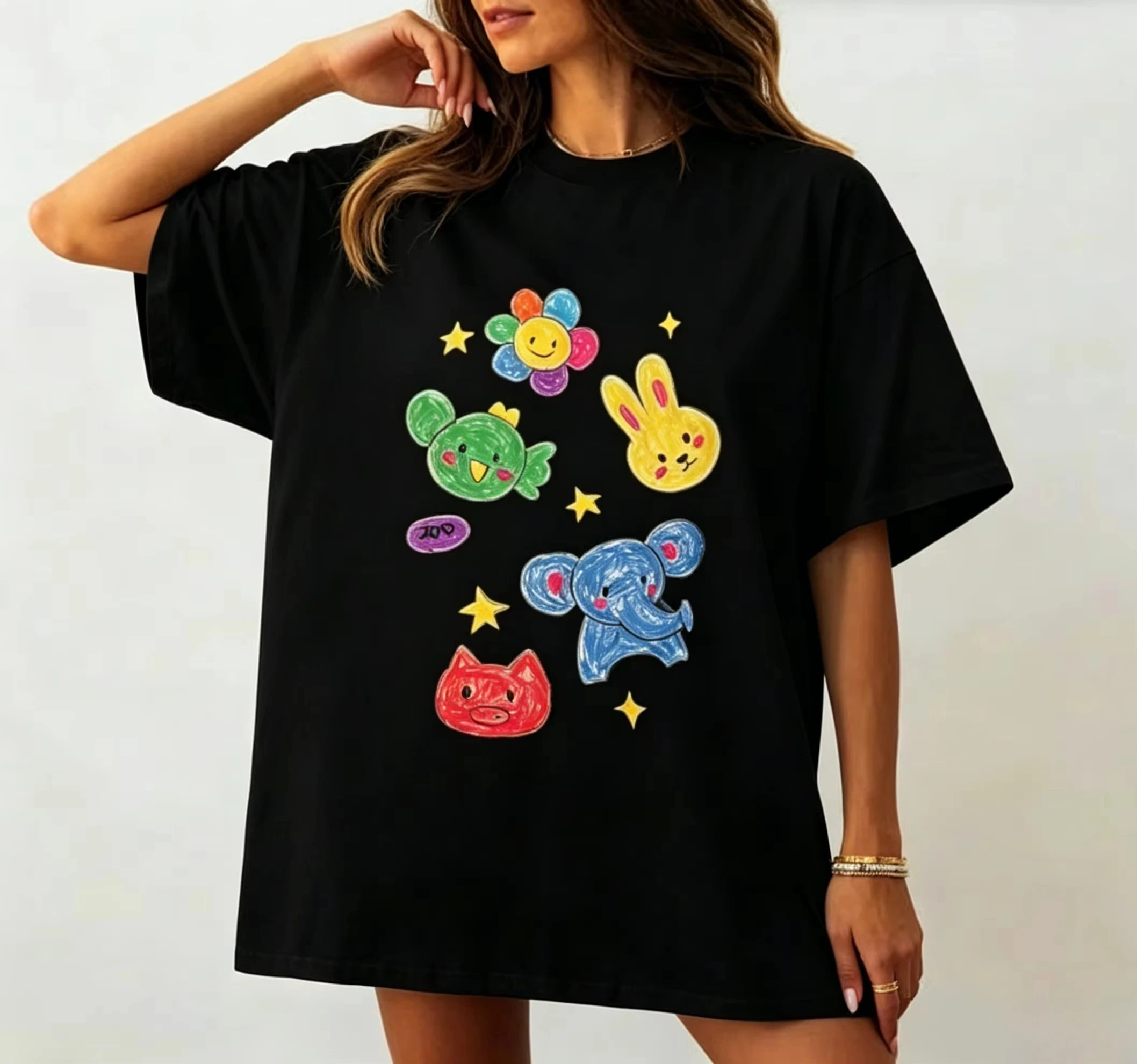 Cute Korean Fashion Crayon Zoo Print T-shirt Versatile Short Sleeve for Women Men Colorful Hand Drawn Animals Crew Neck Tee