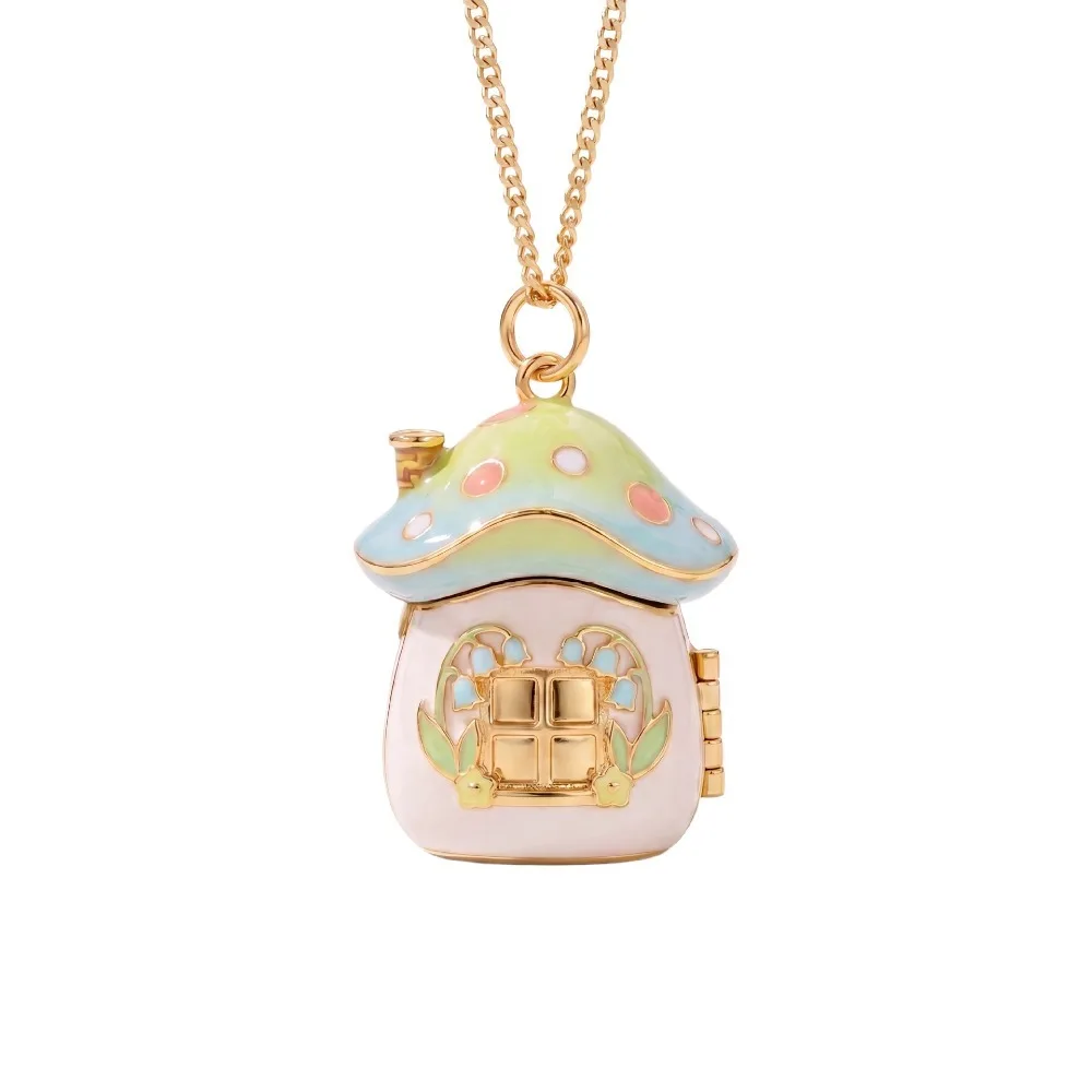 Cute Copper Mushroom Necklace Openable Lid Macaron Gradient Photo Box Locket Mushroom House Shape Fairy Pendant Women