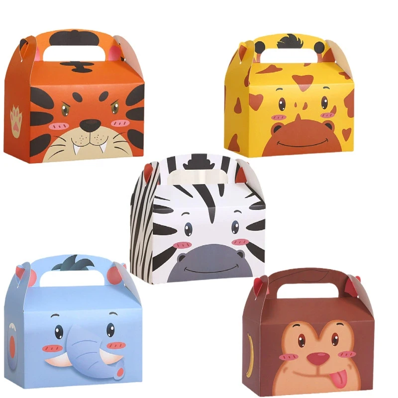 Caja de regalo de papel Kraft con tema de animales de dibujos animados, embalaje para niños, pastel, dulces, almacenamiento de alimentos, bolsa para hornear, recuerdo de fiesta de cumpleaños, 5/15/25 Uds.