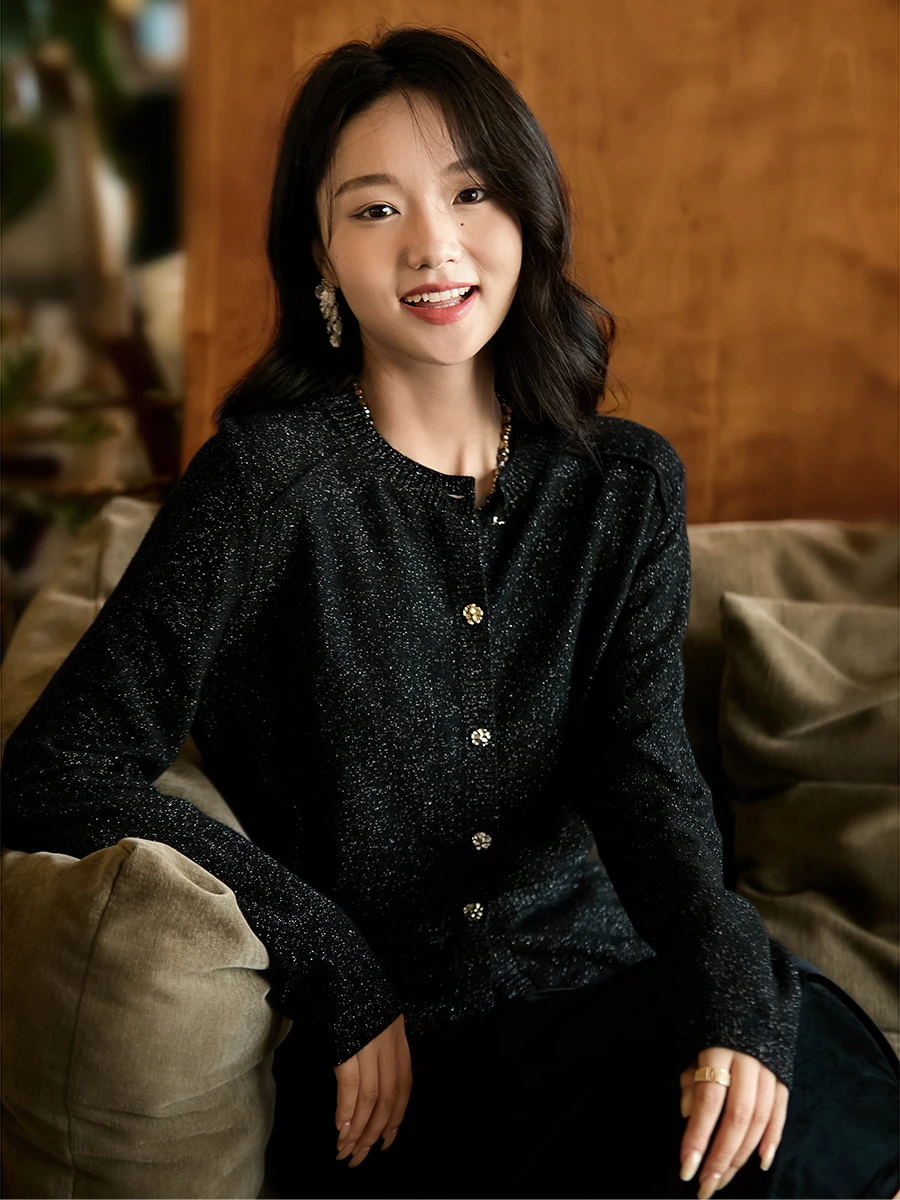 

Xhange Women's Knitted Wool Cashmere Sweater Waist-Cinching 3D Knit round Neck Long Sleeve Cardigan Soft Comfortable Daily Wear