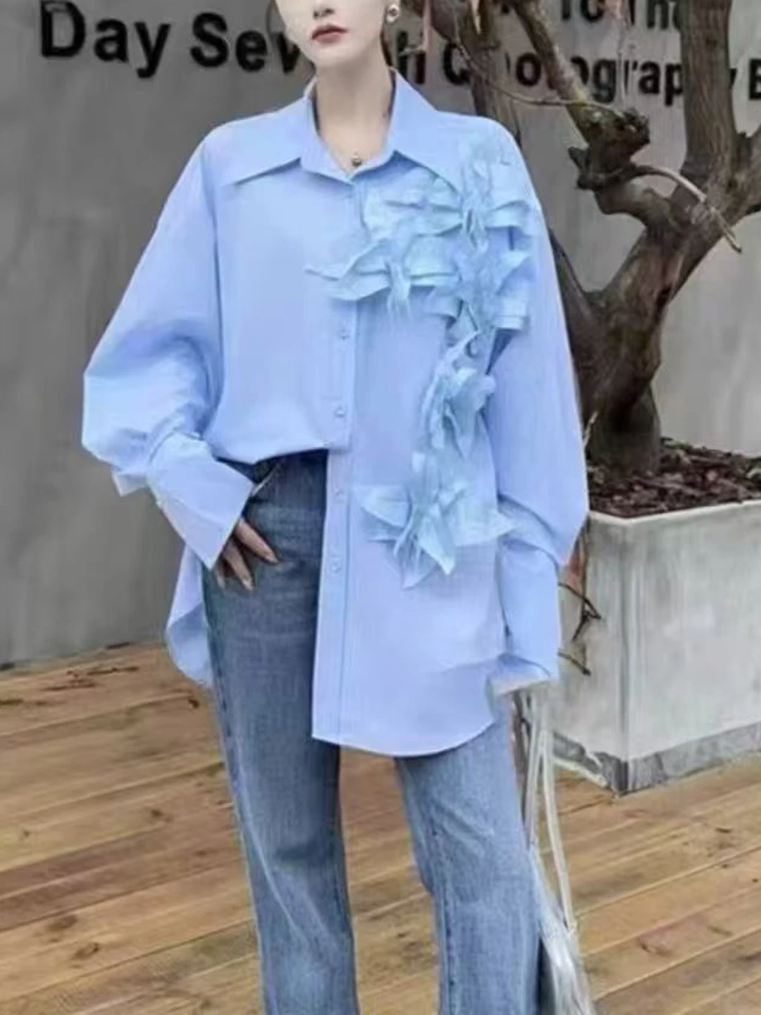 

Ele Blue irt Women's Faionable Floral 3D Design Spring Summer New Sle Korean Loose Fit Long Sve Collar Top