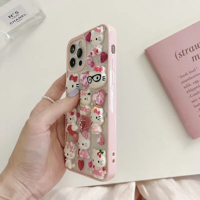 かわいいかわいい 3D サンリオハローキティダイヤモンド透明電話ケース iphone 16 15 14 プロ 13 12 11 プロマックス耐衝撃カバー