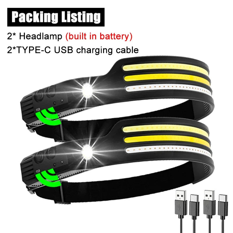 ZHIYU Induktionsscheinwerfer, COB-LED-Sensor, Stirnlampe, eingebauter Akku, Taschenlampe, wiederaufladbar über USB, Stirnlampe, 10 Beleuchtungsmodi, Scheinwerfer 6