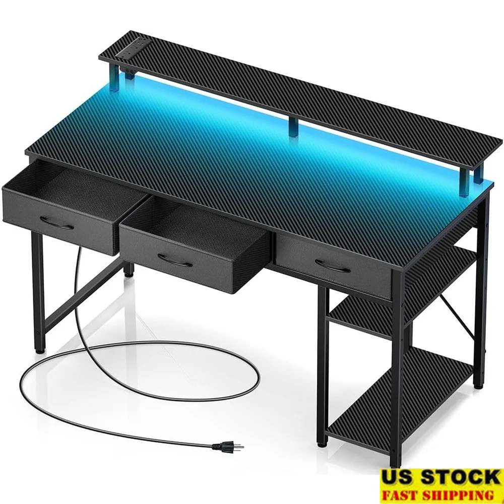 

Computer Desk with Power Outlets LED Light Modern Writing Desk with 3 Storage Drawers Shelves USB Outlet Home Office Gaming