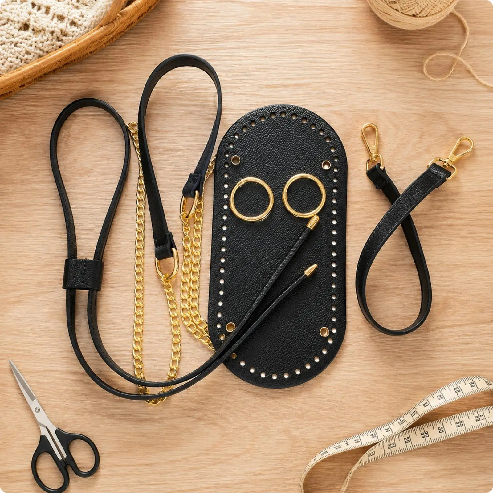 Handwoven Bucket Purse DIY Kit for Women Includes Leather Base Crochet Strap Metal Rings and Clasps for Bag Making