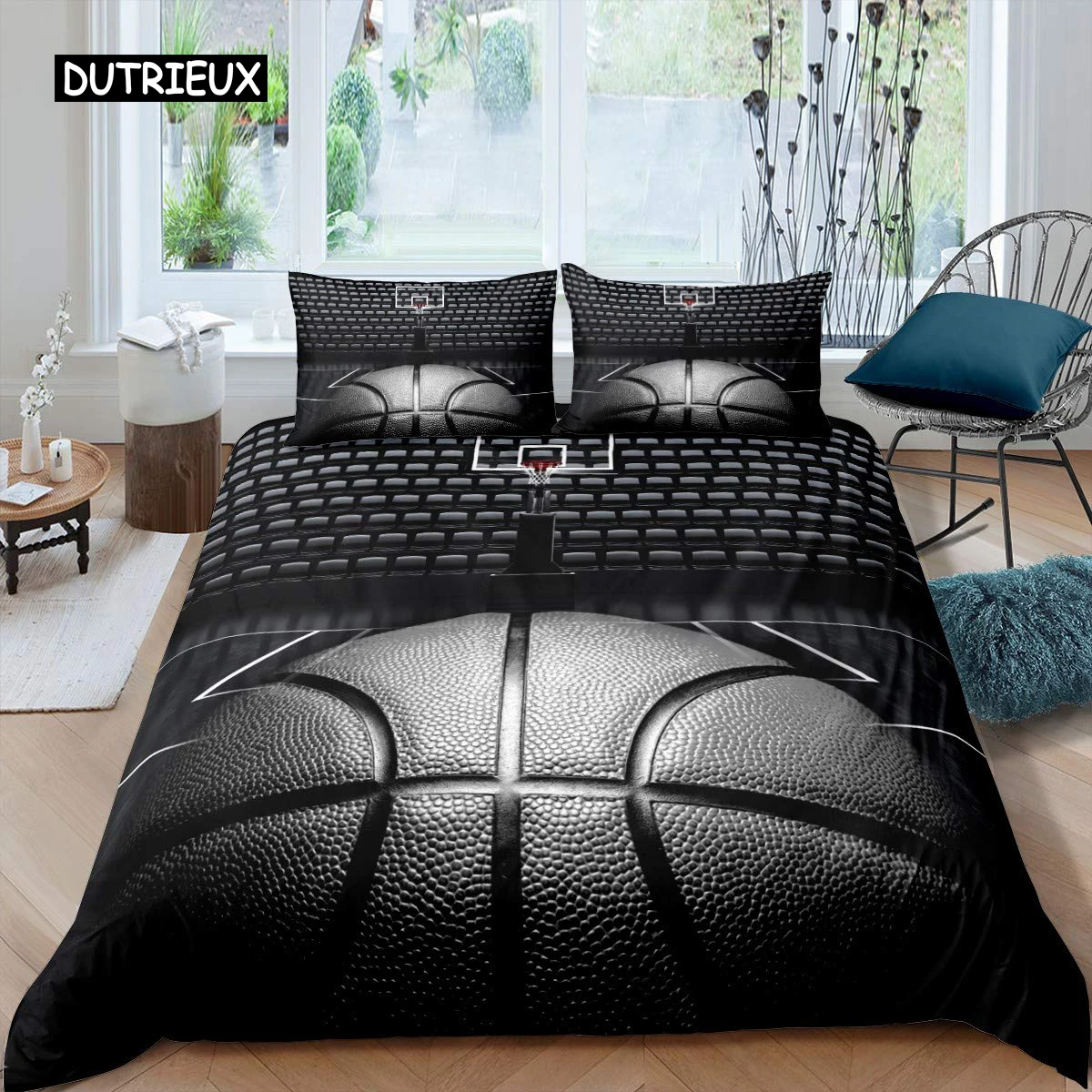 

Basketball Duvet Cover Set Black 3D Ball Sports Theme Bedding Set Microfiber Basketball Court Competitive Games King Quilt Cover