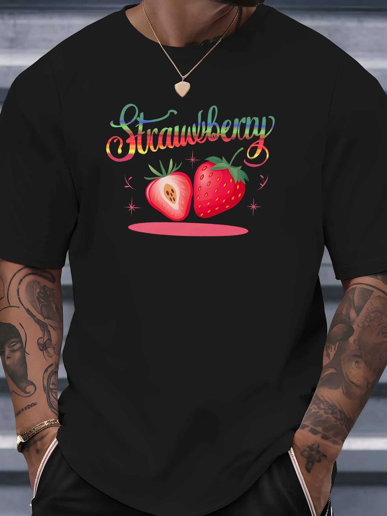 Cute Fruit Mens Crew Neck Cotton T Shirt Rainbow Script Strawberry Cartoon Berry Print Short Sleeve Casual Street Fashion Top