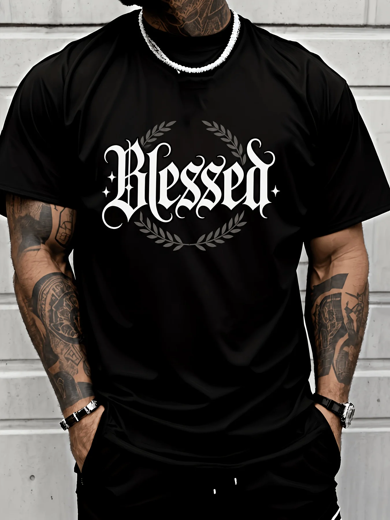 Men'S Fashionable Casual T-Shirt with Blessed Letter And Wreath Design for Street Style, Plus Size