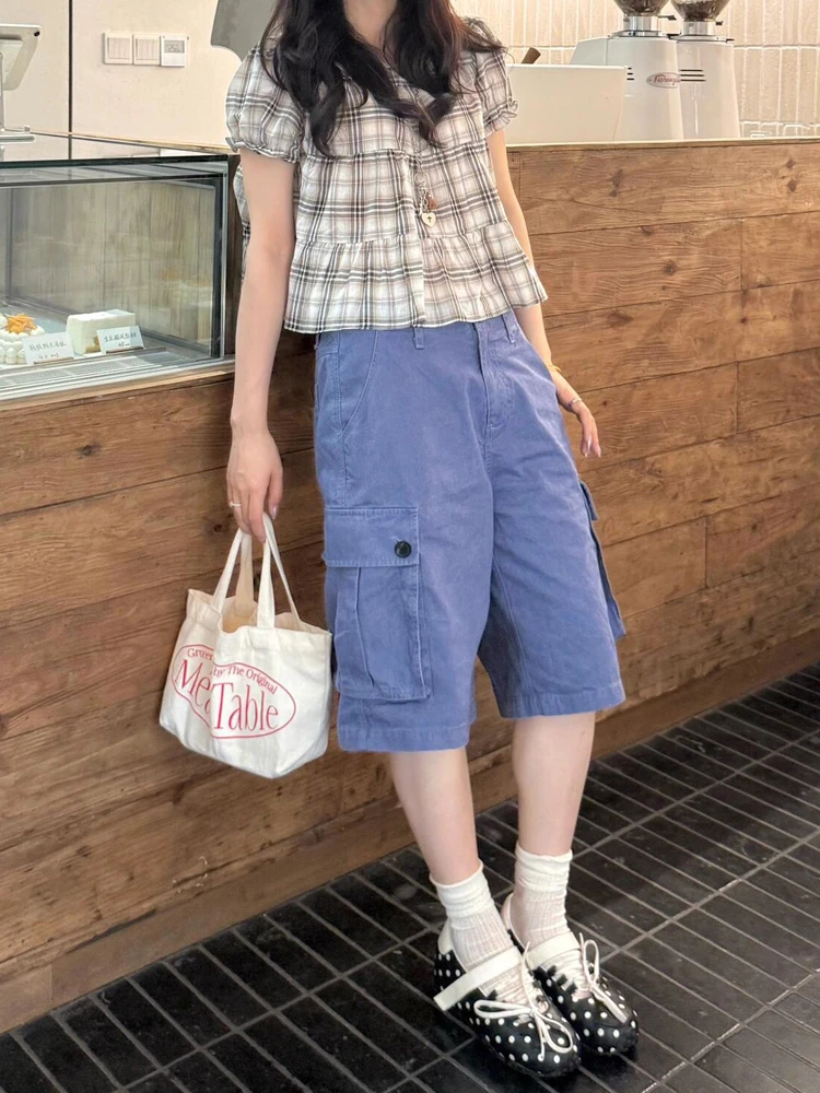 Retro American Spicy Girl Workwear Denim Shorts Women Summer Loose Multi-Pocket Five-Part Casual Wide-Leg Mid-Pants